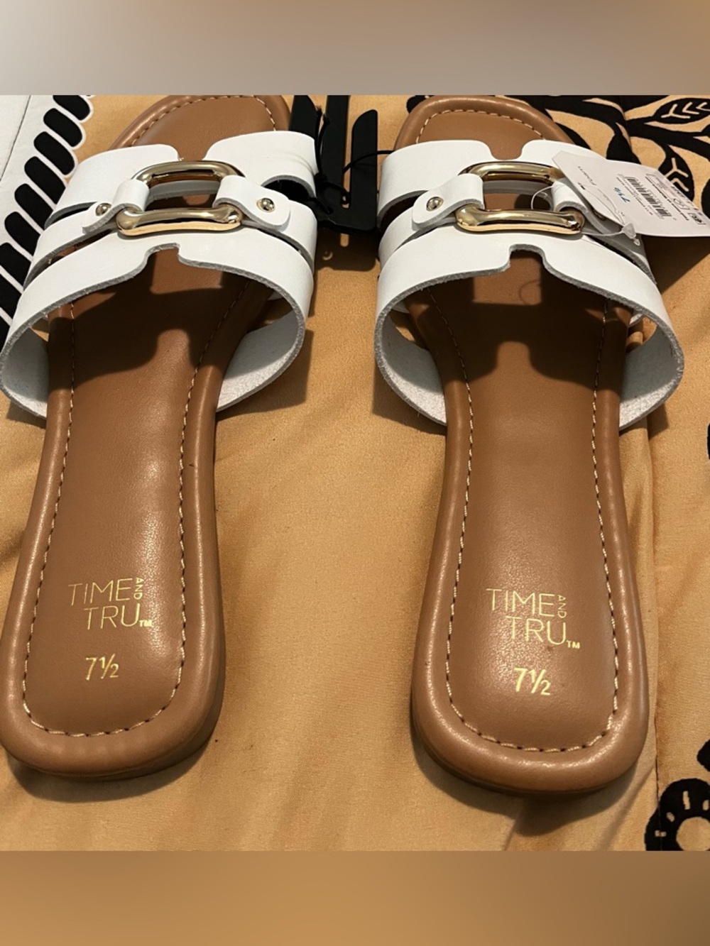 Time and Tru White Slide Sandals with Gold Buckle - Picture 2 of 5